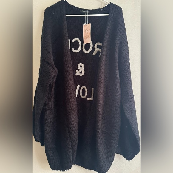 Black Knit ‘Rock and Love’ Cardigan / Sweater, Women’s Size Large, NWT - Picture 4 of 5
